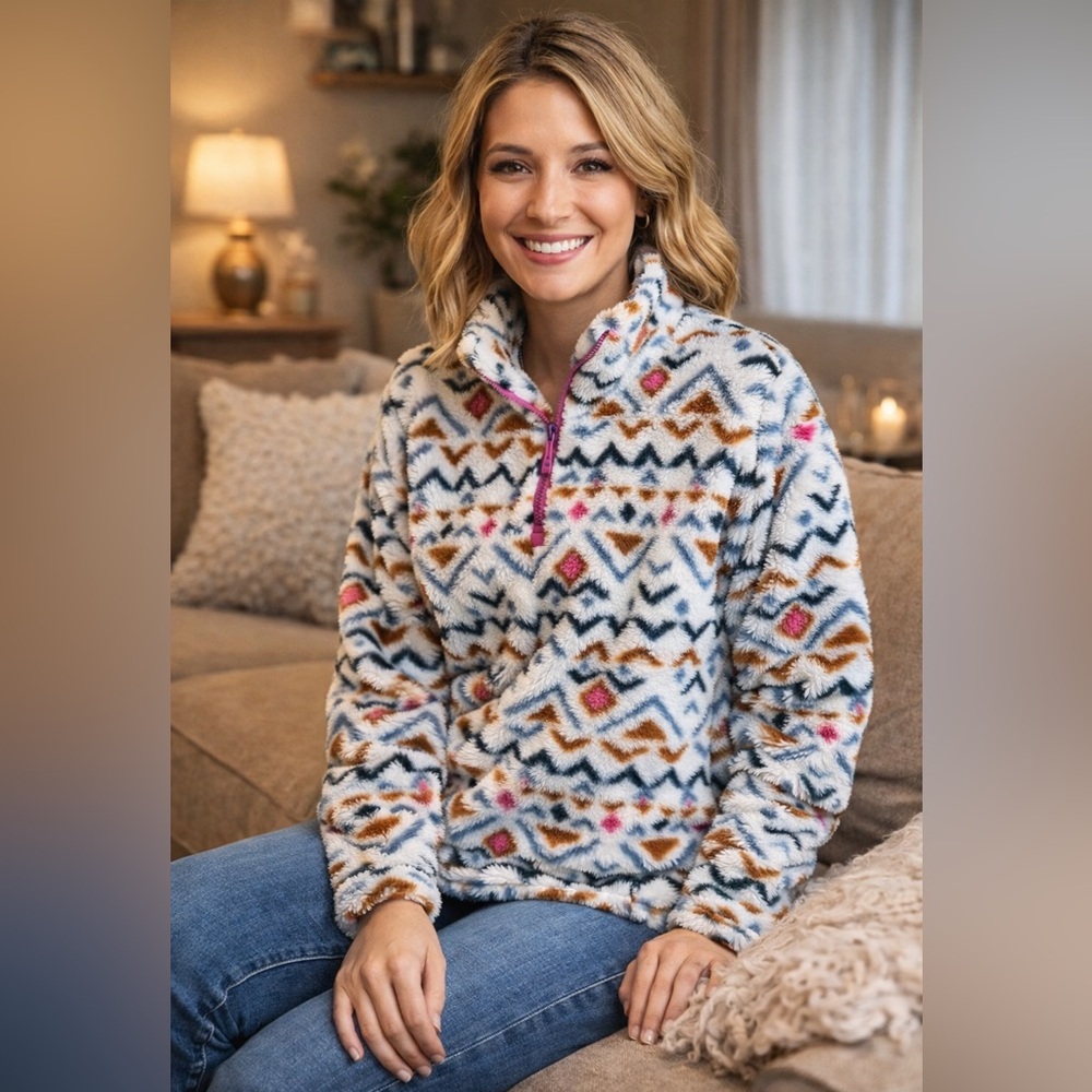 Eddie Bauer Women’s Aztec Sweatshirt Plush 1/4 Zip Cozy Pullover Fleece Size XL